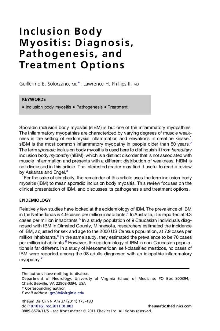 Inclusion Body Myositis: Diagnosis, Pathogenesis, and Treatment Options