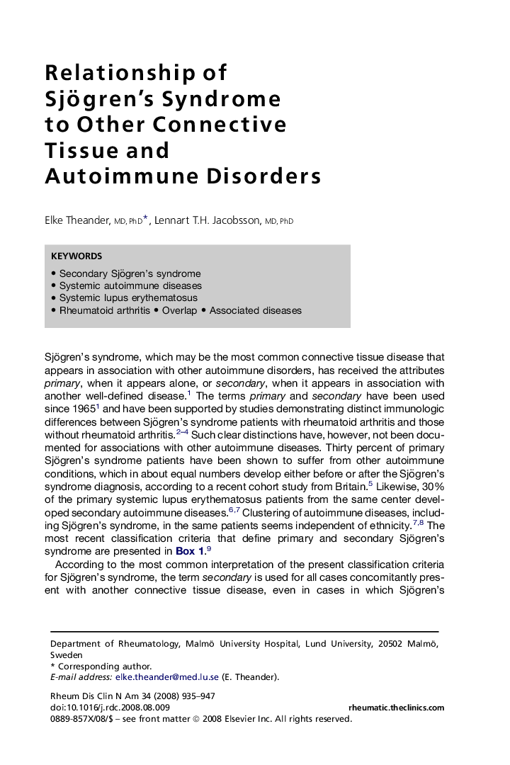 Relationship of Sjögren's Syndrome to Other Connective Tissue and Autoimmune Disorders