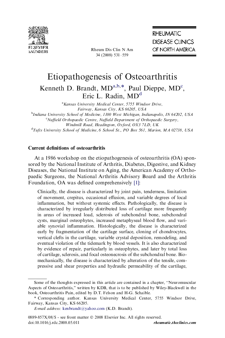 Etiopathogenesis of Osteoarthritis 