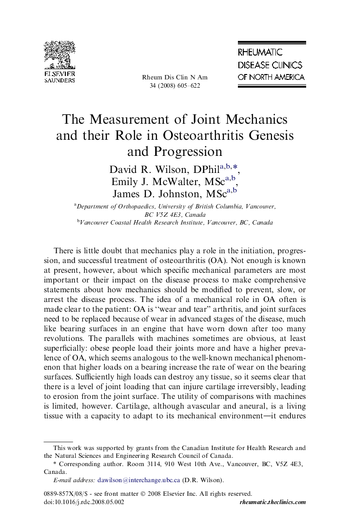 The Measurement of Joint Mechanics and their Role in Osteoarthritis Genesis and Progression 