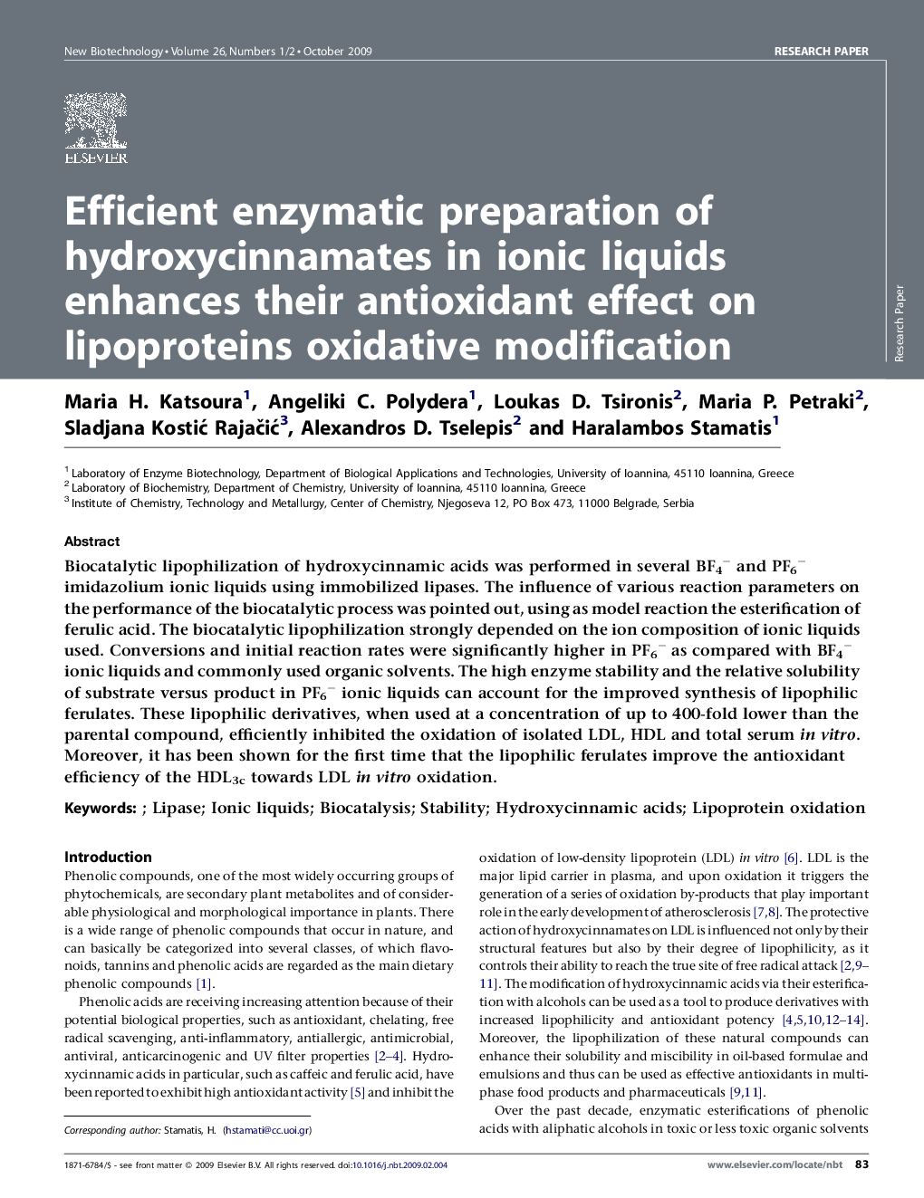 Efficient enzymatic preparation of hydroxycinnamates in ionic liquids enhances their antioxidant effect on lipoproteins oxidative modification