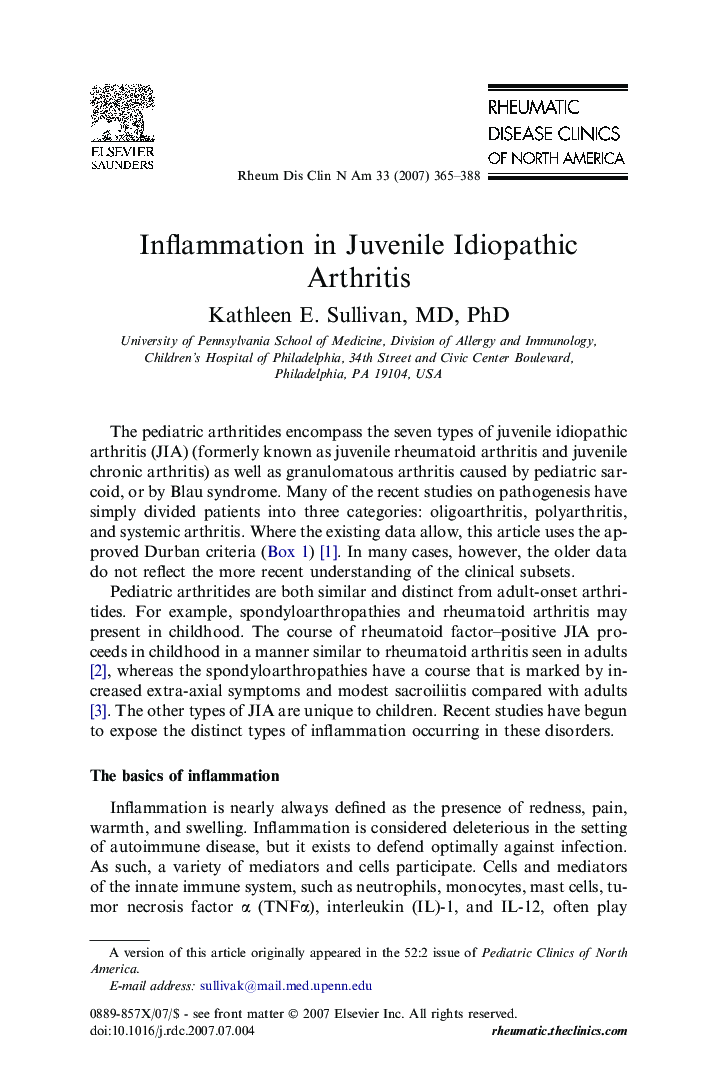 Inflammation in Juvenile Idiopathic Arthritis