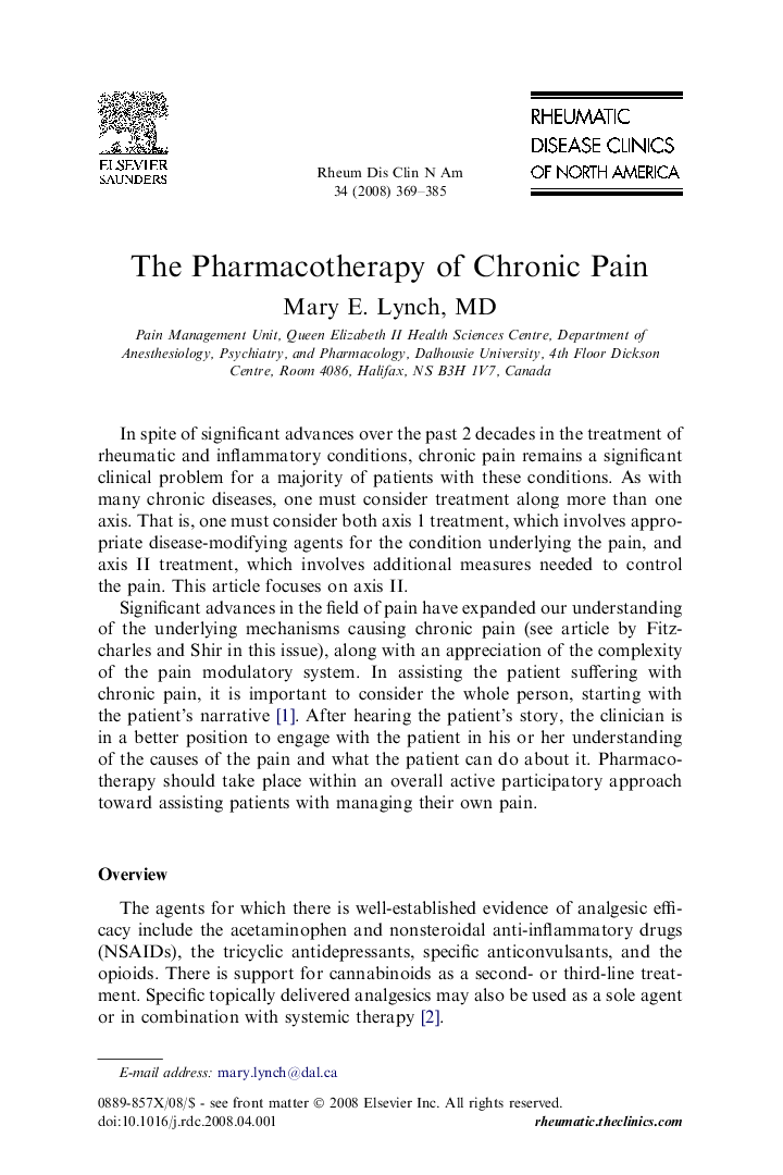 The Pharmacotherapy of Chronic Pain