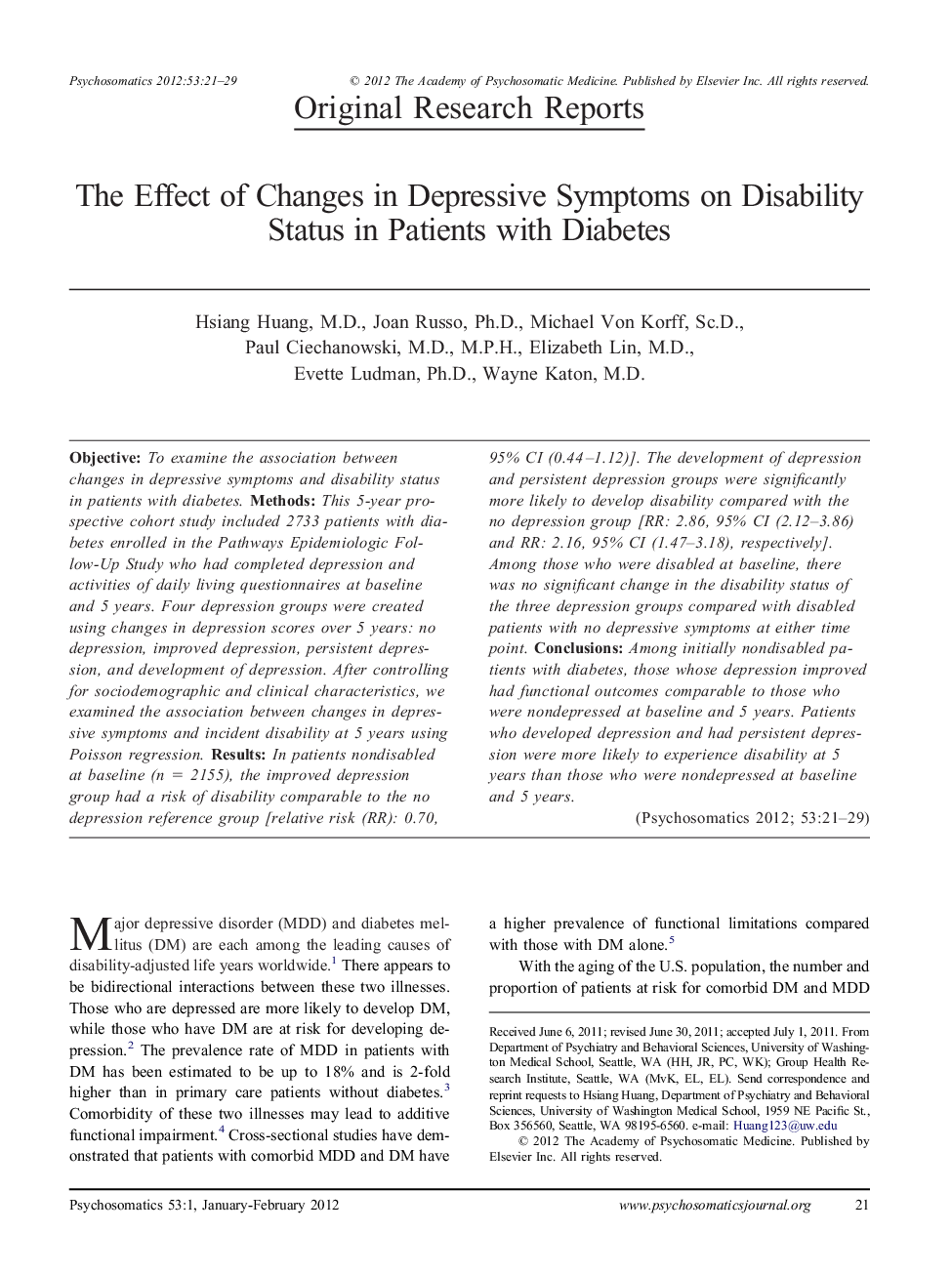 The Effect of Changes in Depressive Symptoms on Disability Status in Patients with Diabetes
