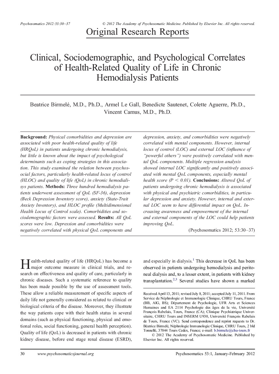 Clinical, Sociodemographic, and Psychological Correlates of Health-Related Quality of Life in Chronic Hemodialysis Patients