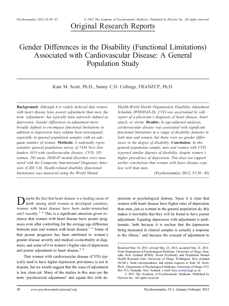 Gender Differences in the Disability (Functional Limitations) Associated with Cardiovascular Disease: A General Population Study
