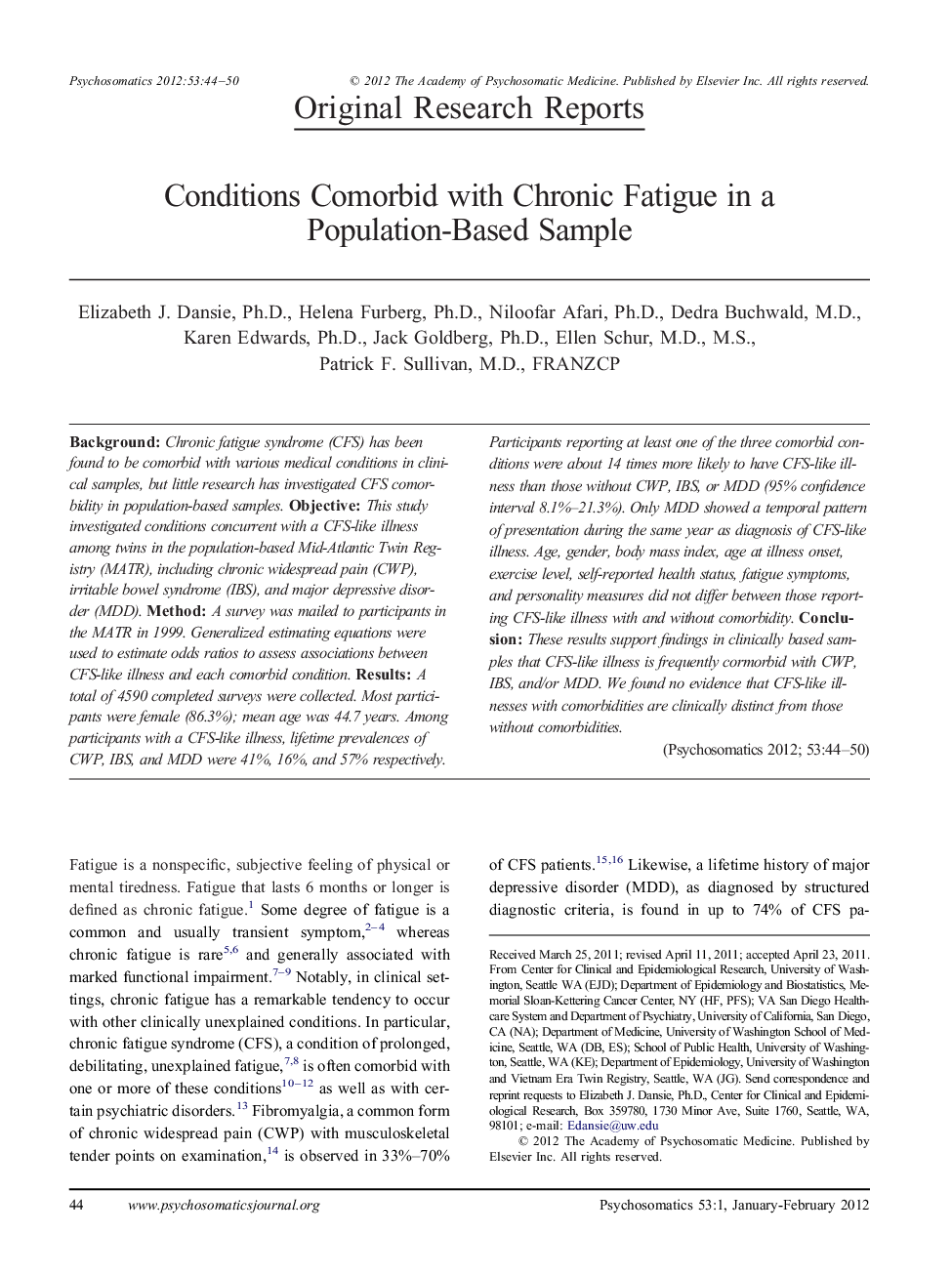 Conditions Comorbid with Chronic Fatigue in a Population-Based Sample