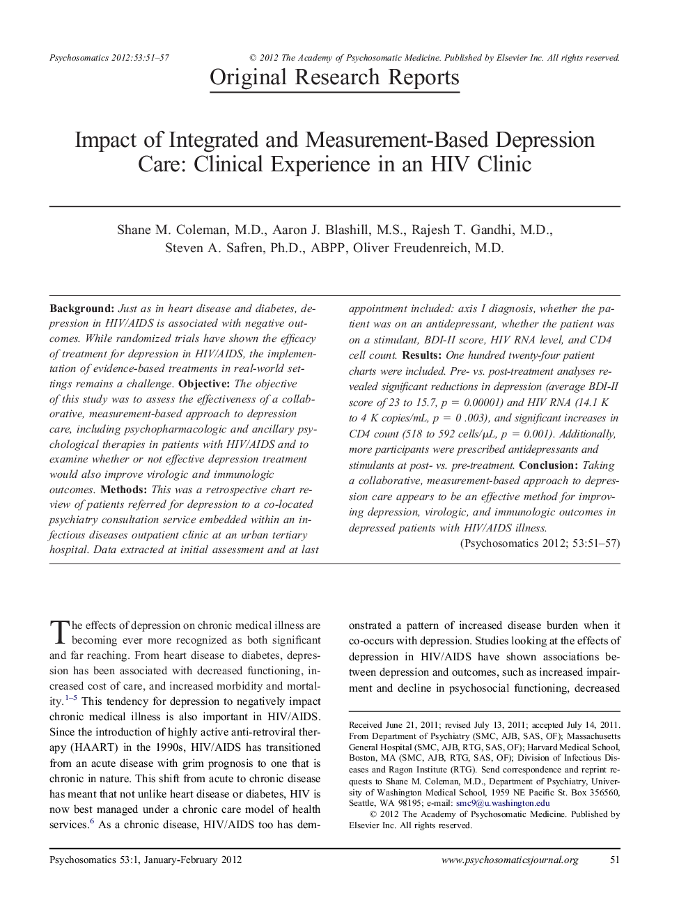 Impact of Integrated and Measurement-Based Depression Care: Clinical Experience in an HIV Clinic