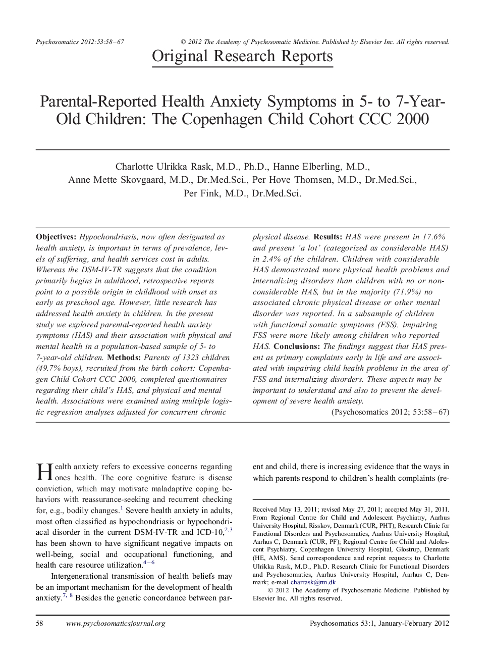 Parental-Reported Health Anxiety Symptoms in 5- to 7-Year-Old Children: The Copenhagen Child Cohort CCC 2000