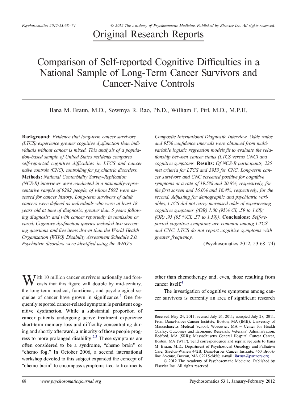 Comparison of Self-reported Cognitive Difficulties in a National Sample of Long-Term Cancer Survivors and Cancer-Naive Controls