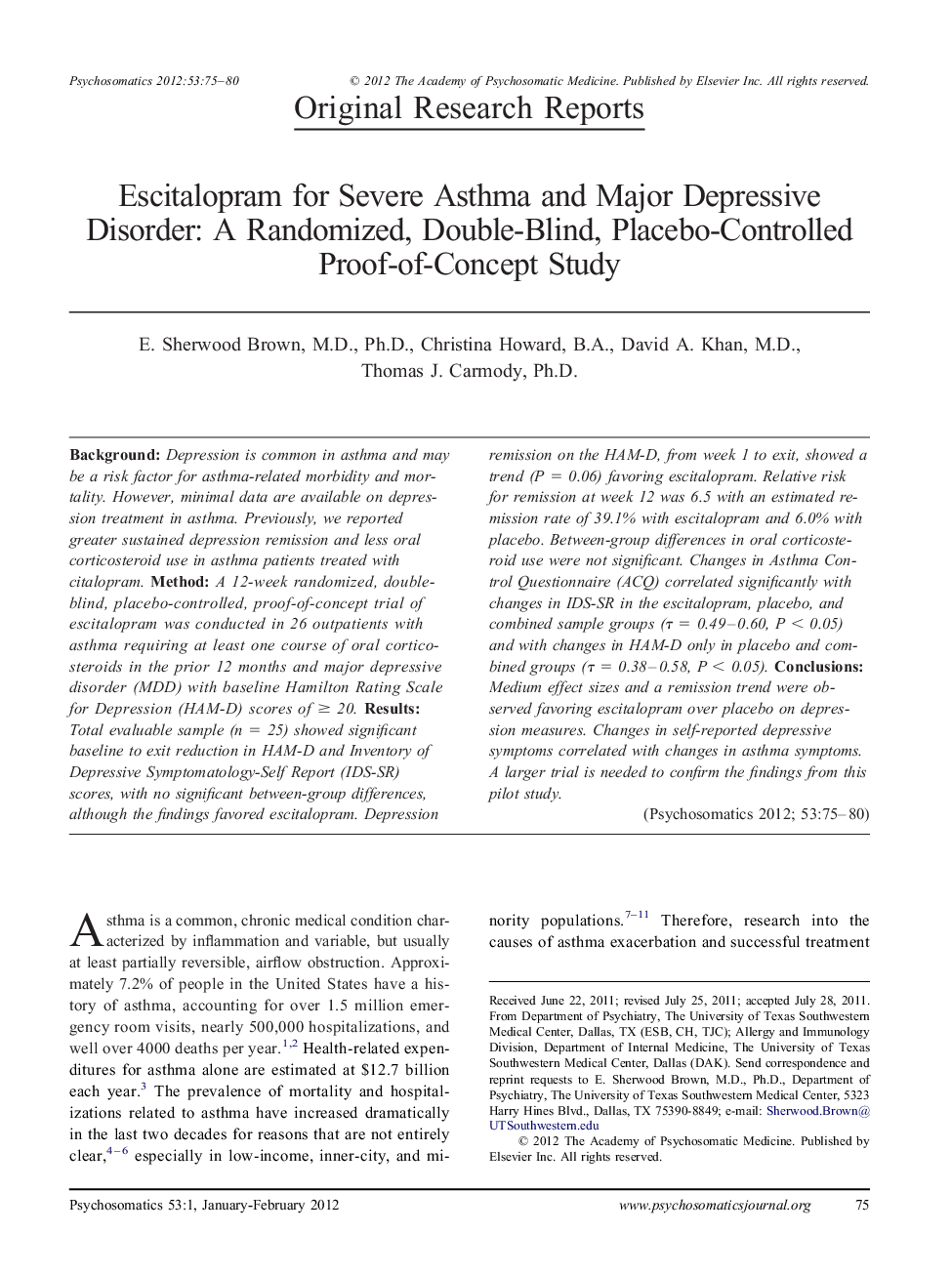 Escitalopram for Severe Asthma and Major Depressive Disorder: A Randomized, Double-Blind, Placebo-Controlled Proof-of-Concept Study
