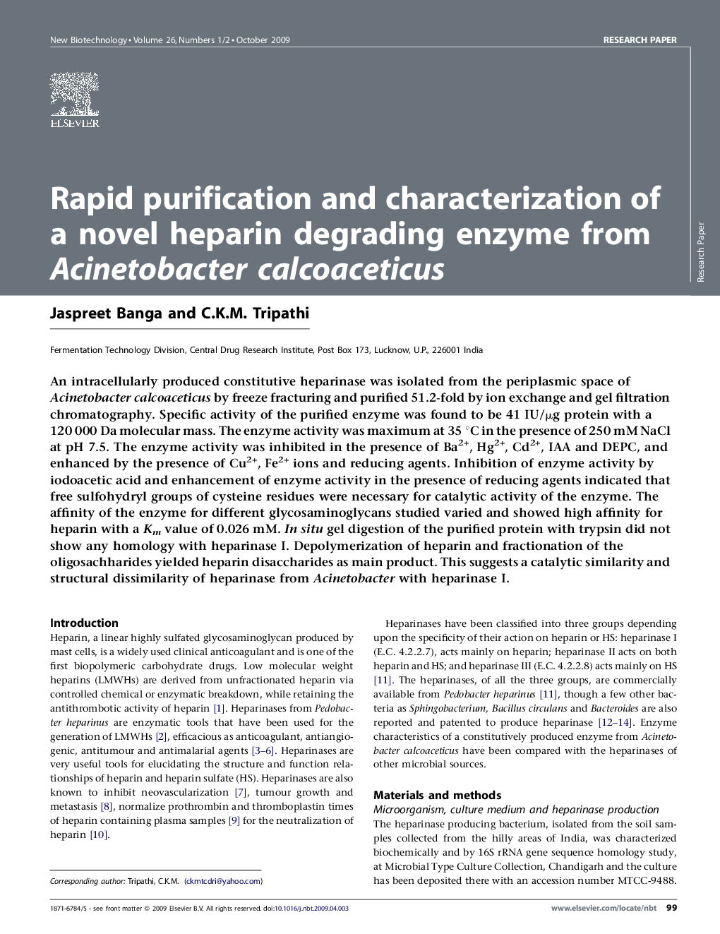 Rapid purification and characterization of a novel heparin degrading enzyme from Acinetobacter calcoaceticus