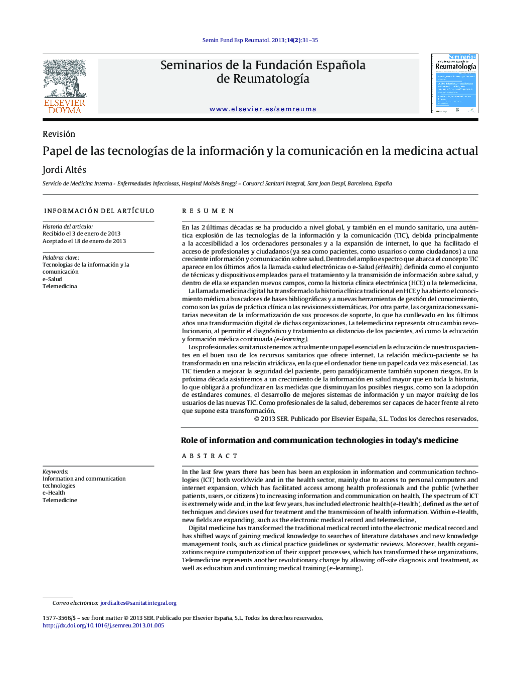 Papel de las tecnologÃ­as de la información y la comunicación en la medicina actual