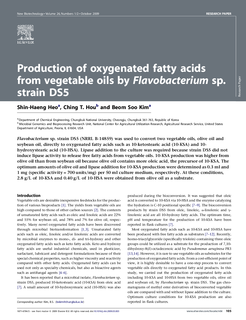 Production of oxygenated fatty acids from vegetable oils by Flavobacterium sp. strain DS5