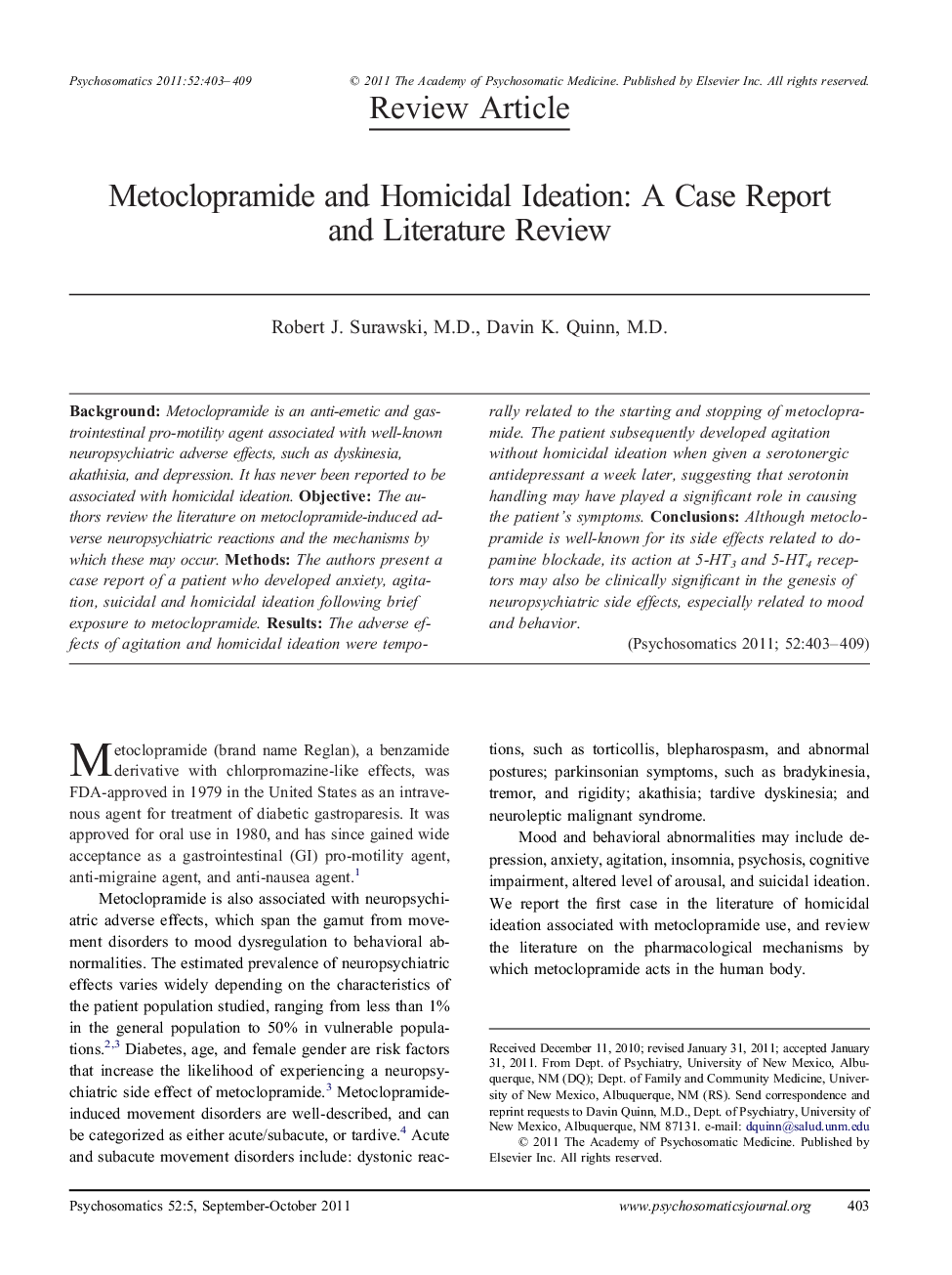 Metoclopramide and Homicidal Ideation: A Case Report and Literature Review