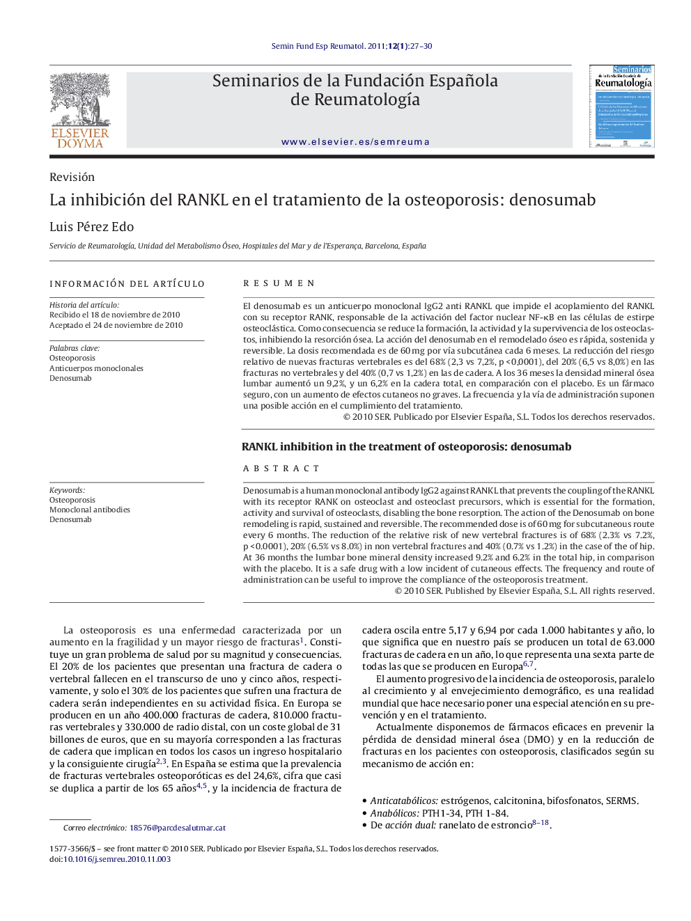 La inhibición del RANKL en el tratamiento de la osteoporosis: denosumab