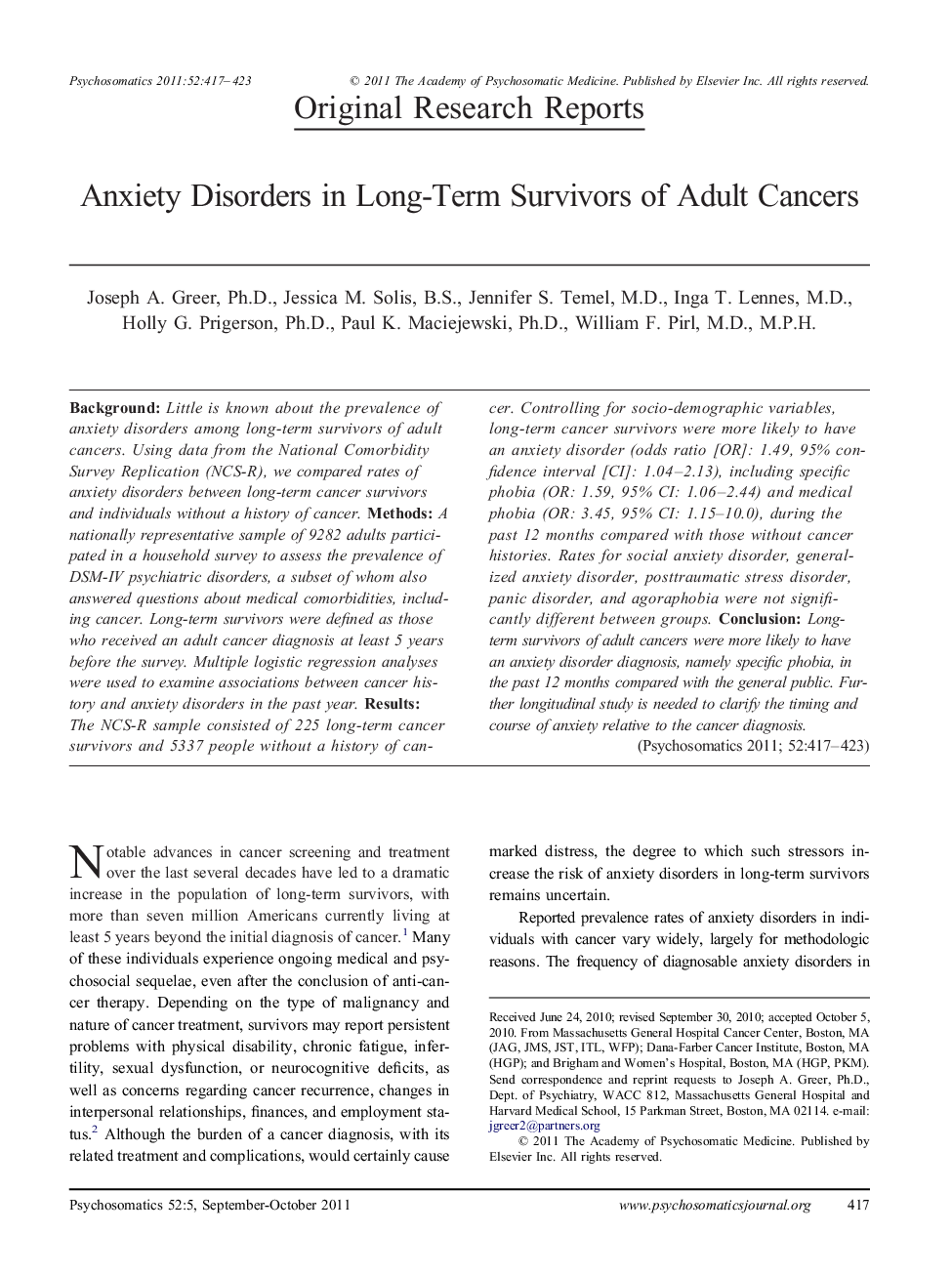 Anxiety Disorders in Long-Term Survivors of Adult Cancers
