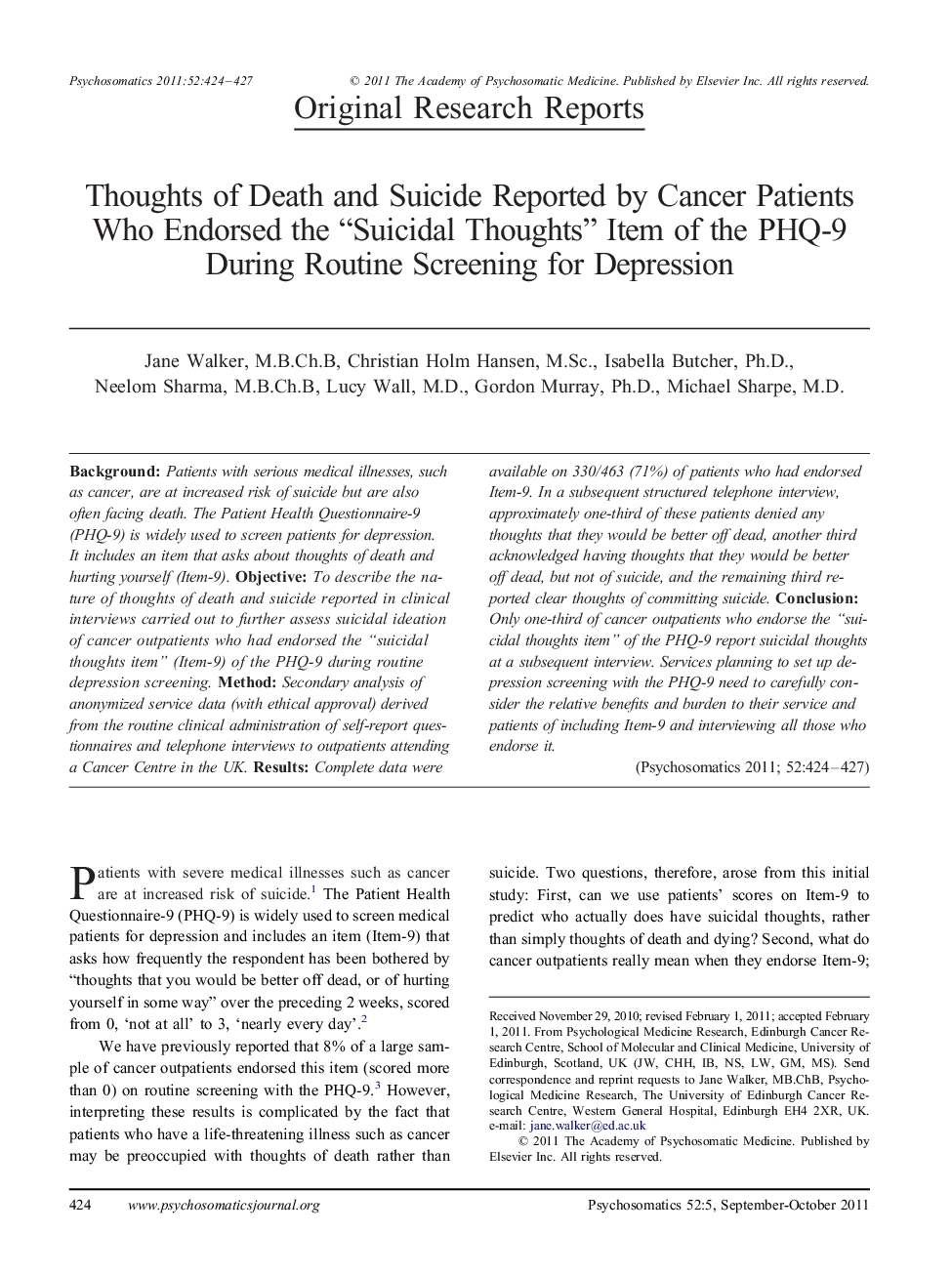 Thoughts of Death and Suicide Reported by Cancer Patients Who Endorsed the “Suicidal Thoughts” Item of the PHQ-9 During Routine Screening for Depression