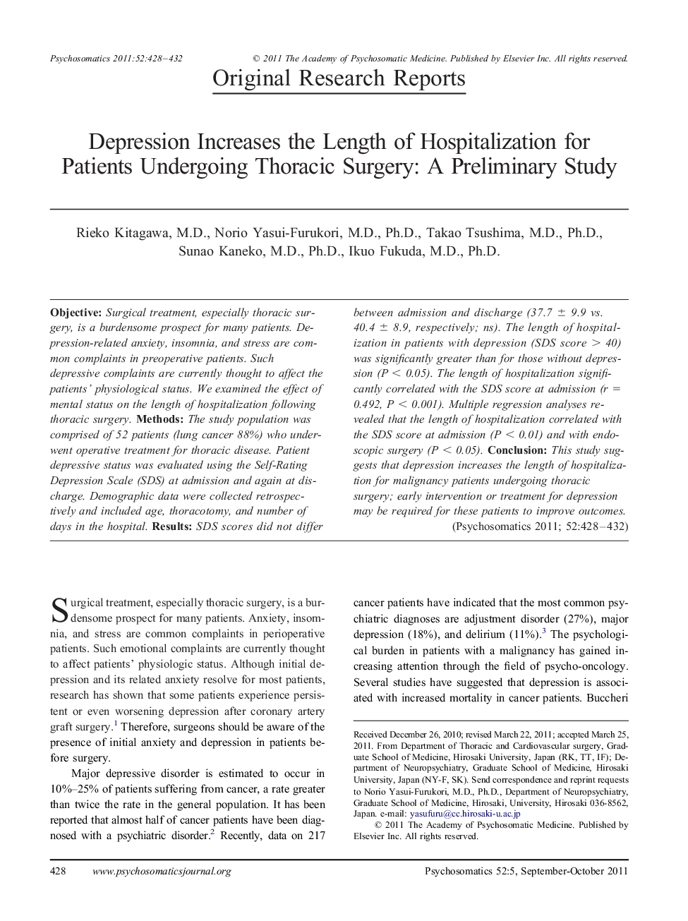 Depression Increases the Length of Hospitalization for Patients Undergoing Thoracic Surgery: A Preliminary Study