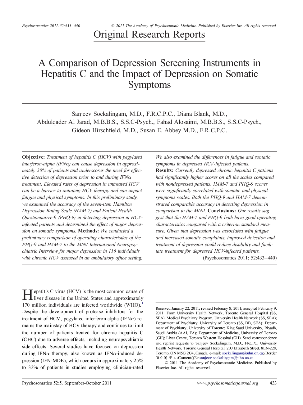 A Comparison of Depression Screening Instruments in Hepatitis C and the Impact of Depression on Somatic Symptoms