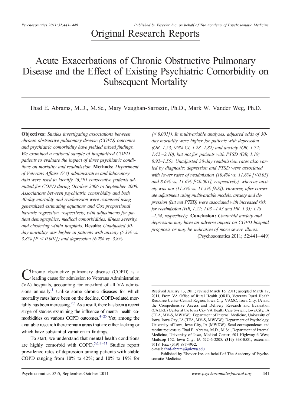 Acute Exacerbations of Chronic Obstructive Pulmonary Disease and the Effect of Existing Psychiatric Comorbidity on Subsequent Mortality