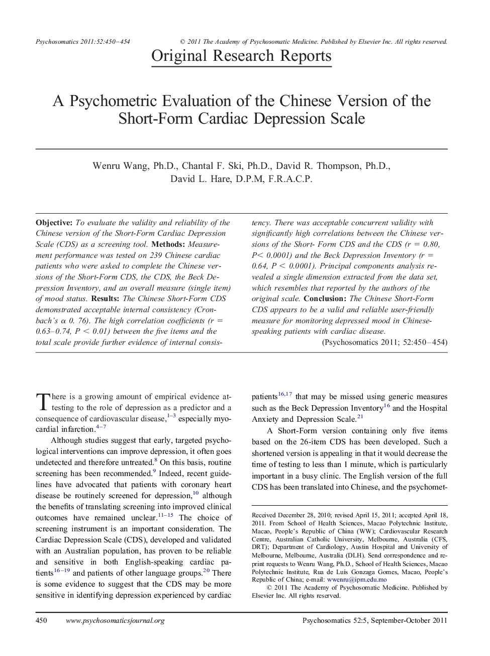 A Psychometric Evaluation of the Chinese Version of the Short-Form Cardiac Depression Scale