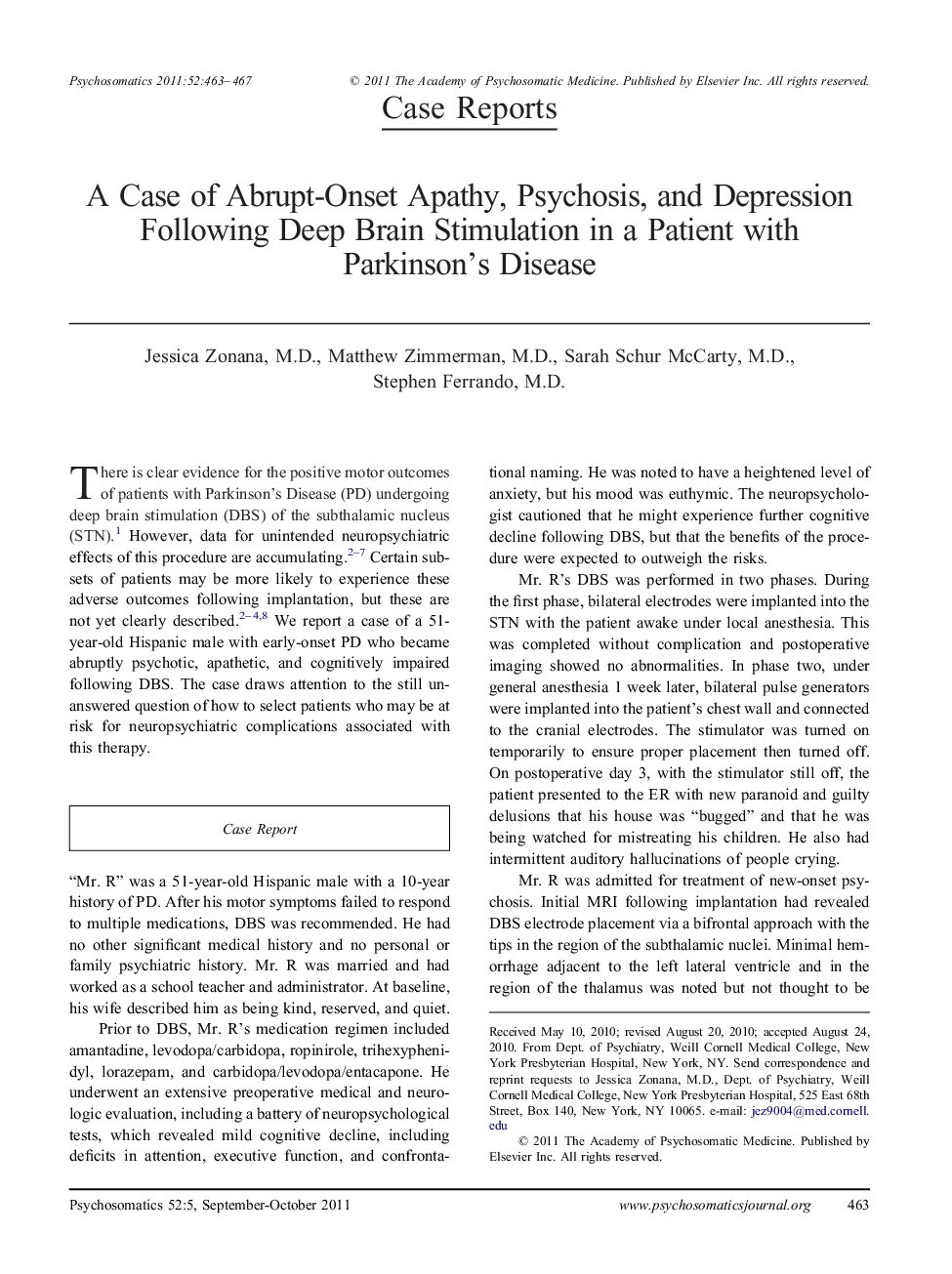 A Case of Abrupt-Onset Apathy, Psychosis, and Depression Following Deep Brain Stimulation in a Patient with Parkinson's Disease