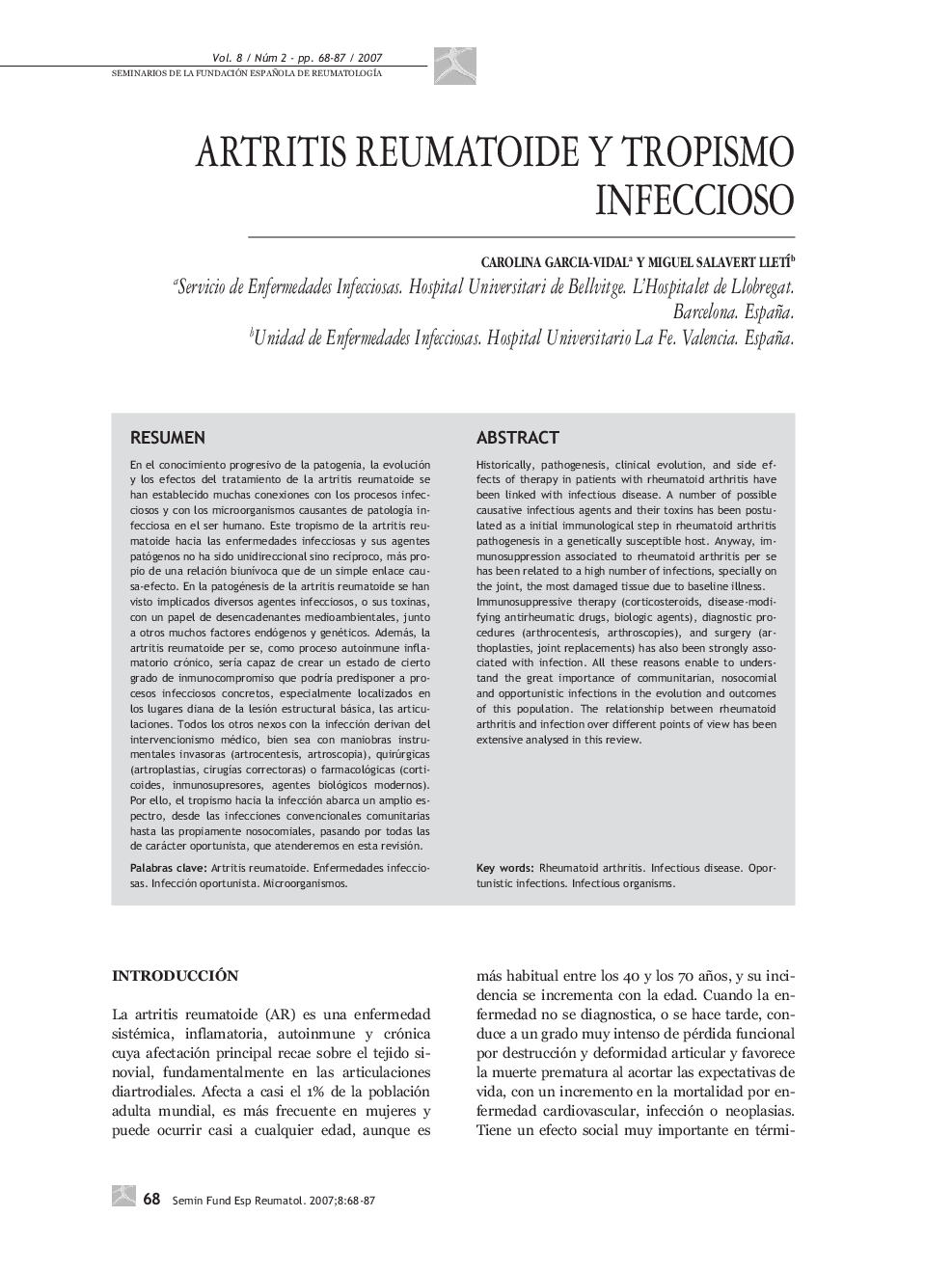 Artritis reumatoide y tropismo infeccioso