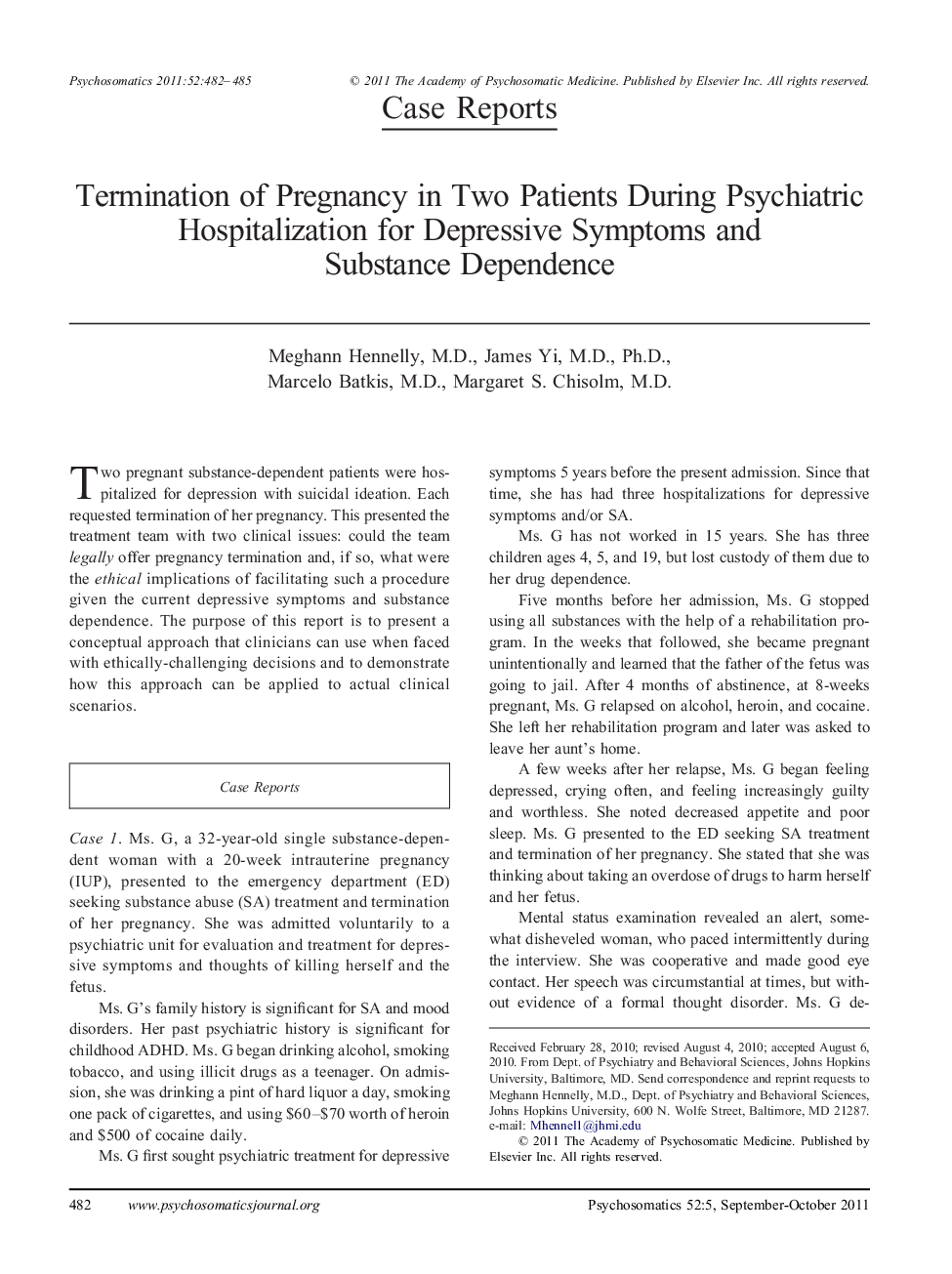 Termination of Pregnancy in Two Patients During Psychiatric Hospitalization for Depressive Symptoms and Substance Dependence