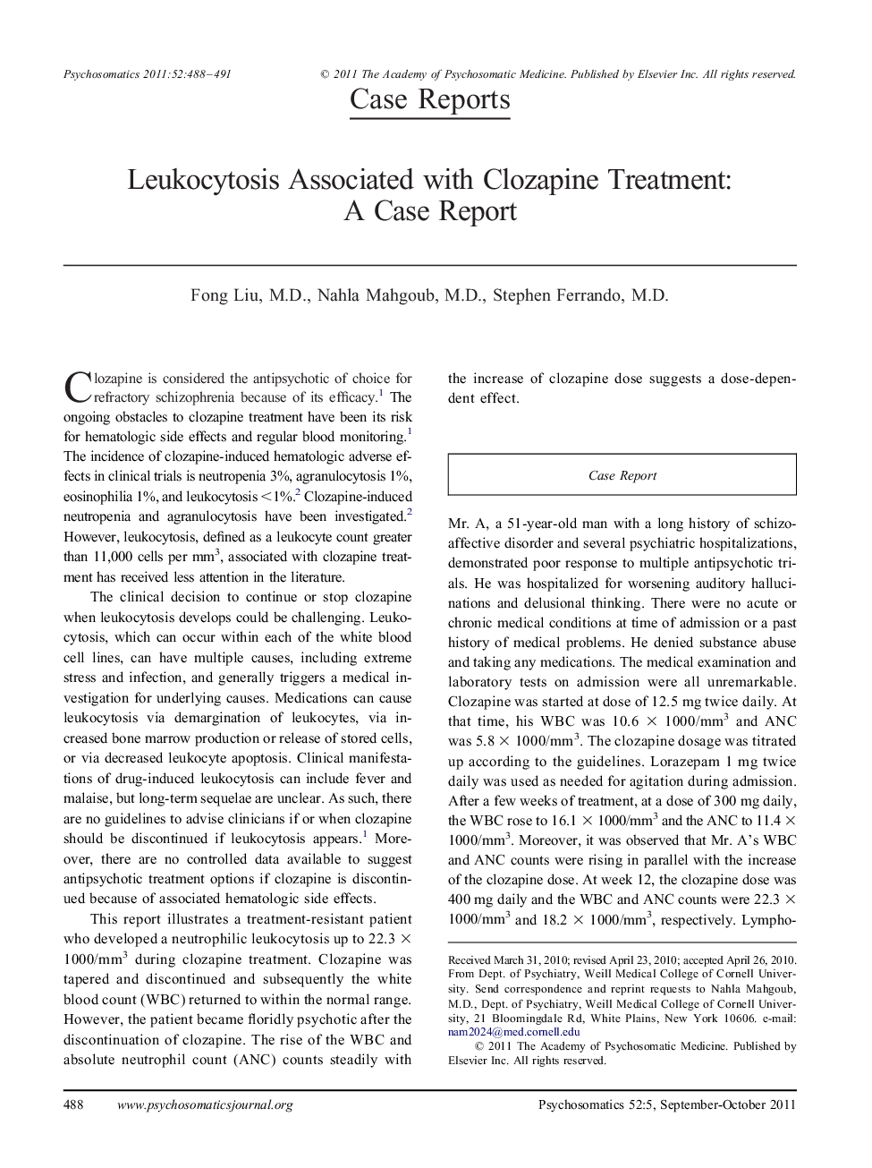 Leukocytosis Associated with Clozapine Treatment: A Case Report