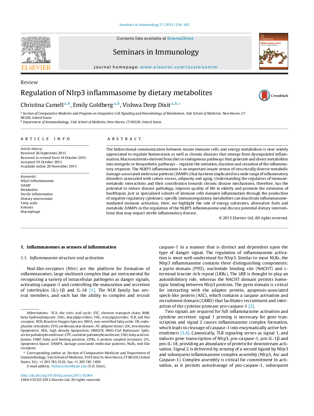 Regulation of Nlrp3 inflammasome by dietary metabolites