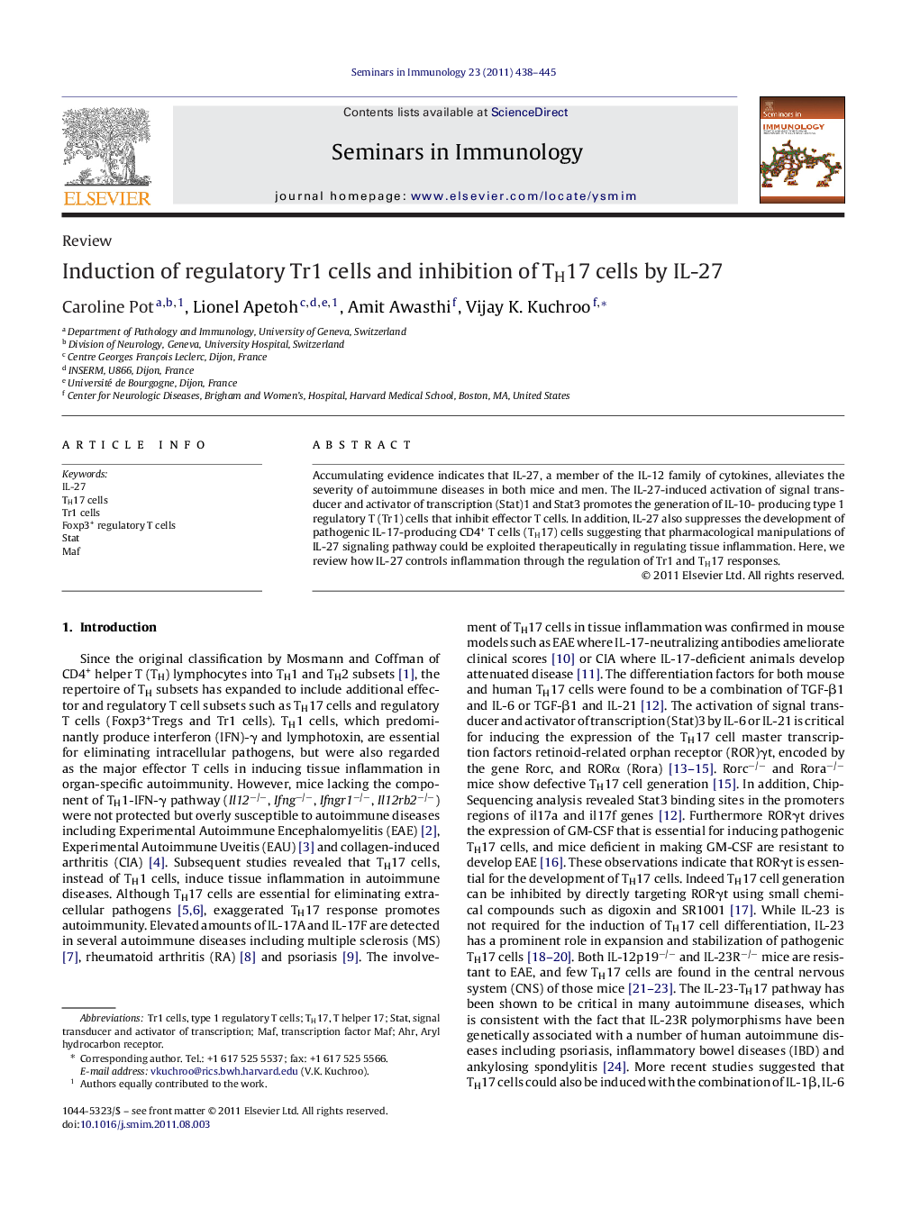 Induction of regulatory Tr1 cells and inhibition of TH17 cells by IL-27