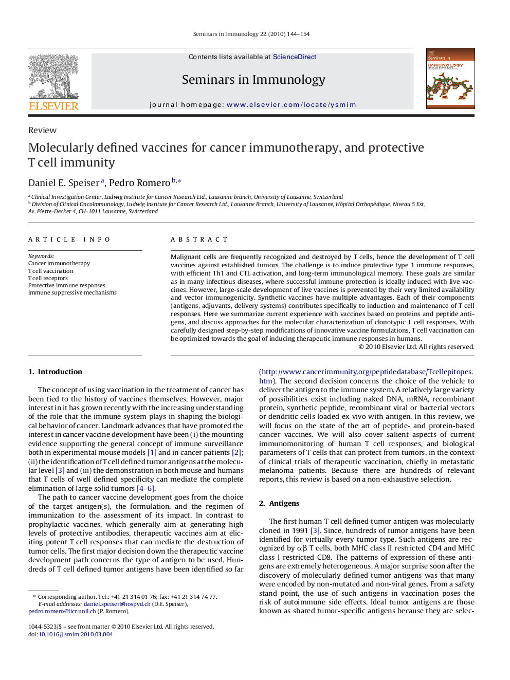 Molecularly defined vaccines for cancer immunotherapy, and protective T cell immunity