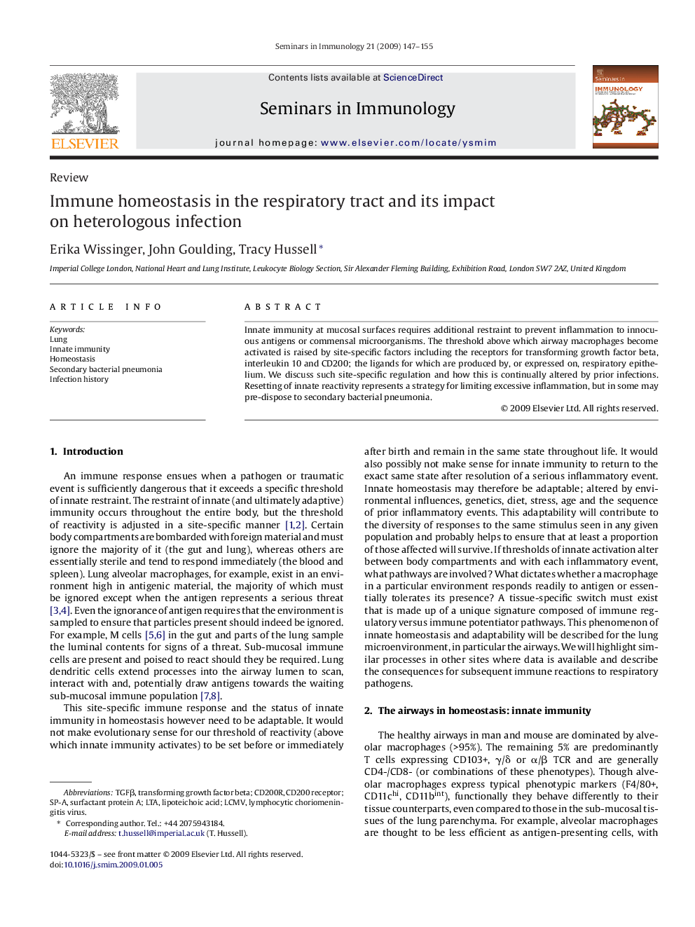 Immune homeostasis in the respiratory tract and its impact on heterologous infection