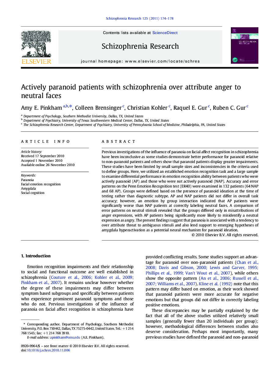 Actively paranoid patients with schizophrenia over attribute anger to neutral faces