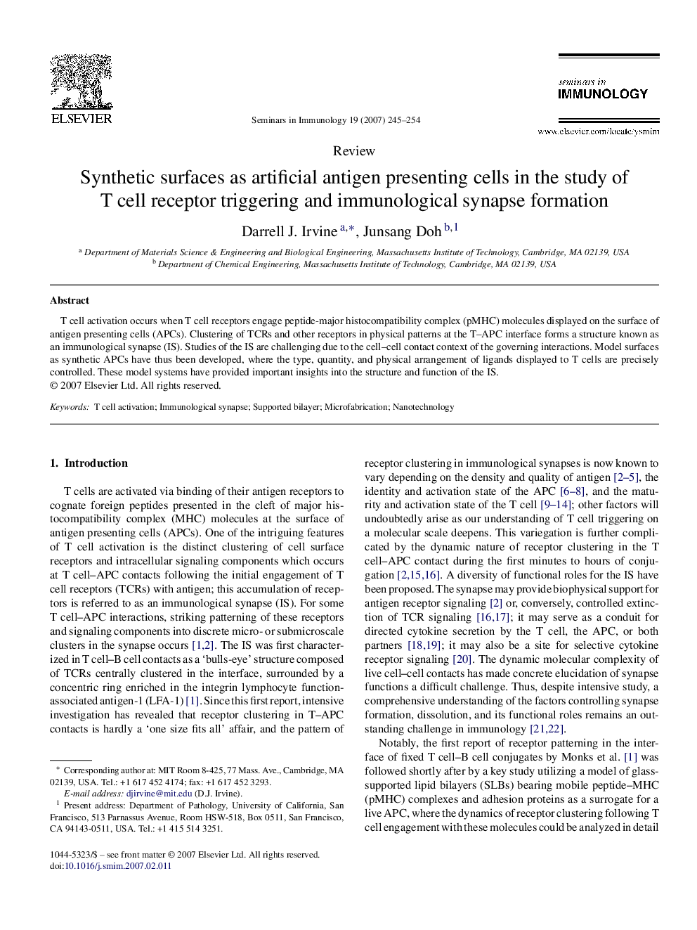 Synthetic surfaces as artificial antigen presenting cells in the study of T cell receptor triggering and immunological synapse formation