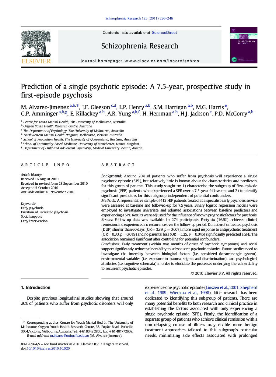 Prediction of a single psychotic episode: A 7.5-year, prospective study in first-episode psychosis