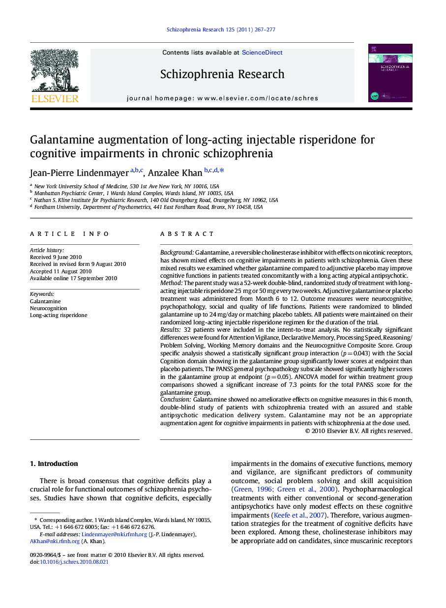 Galantamine augmentation of long-acting injectable risperidone for cognitive impairments in chronic schizophrenia