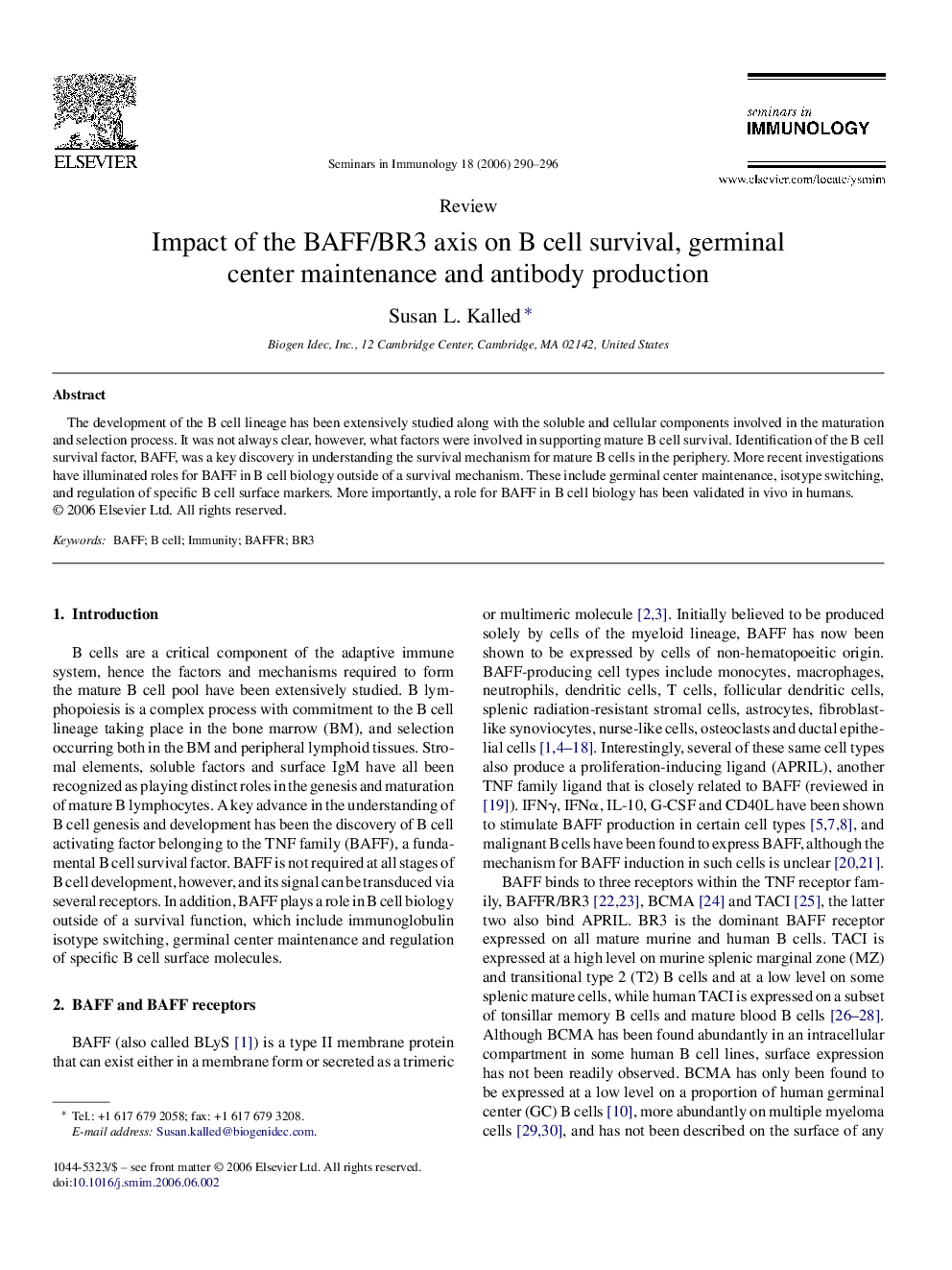 Impact of the BAFF/BR3 axis on B cell survival, germinal center maintenance and antibody production