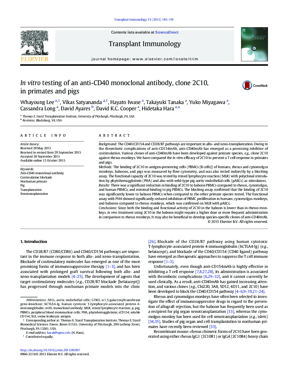 In vitro testing of an anti-CD40 monoclonal antibody, clone 2C10, in primates and pigs