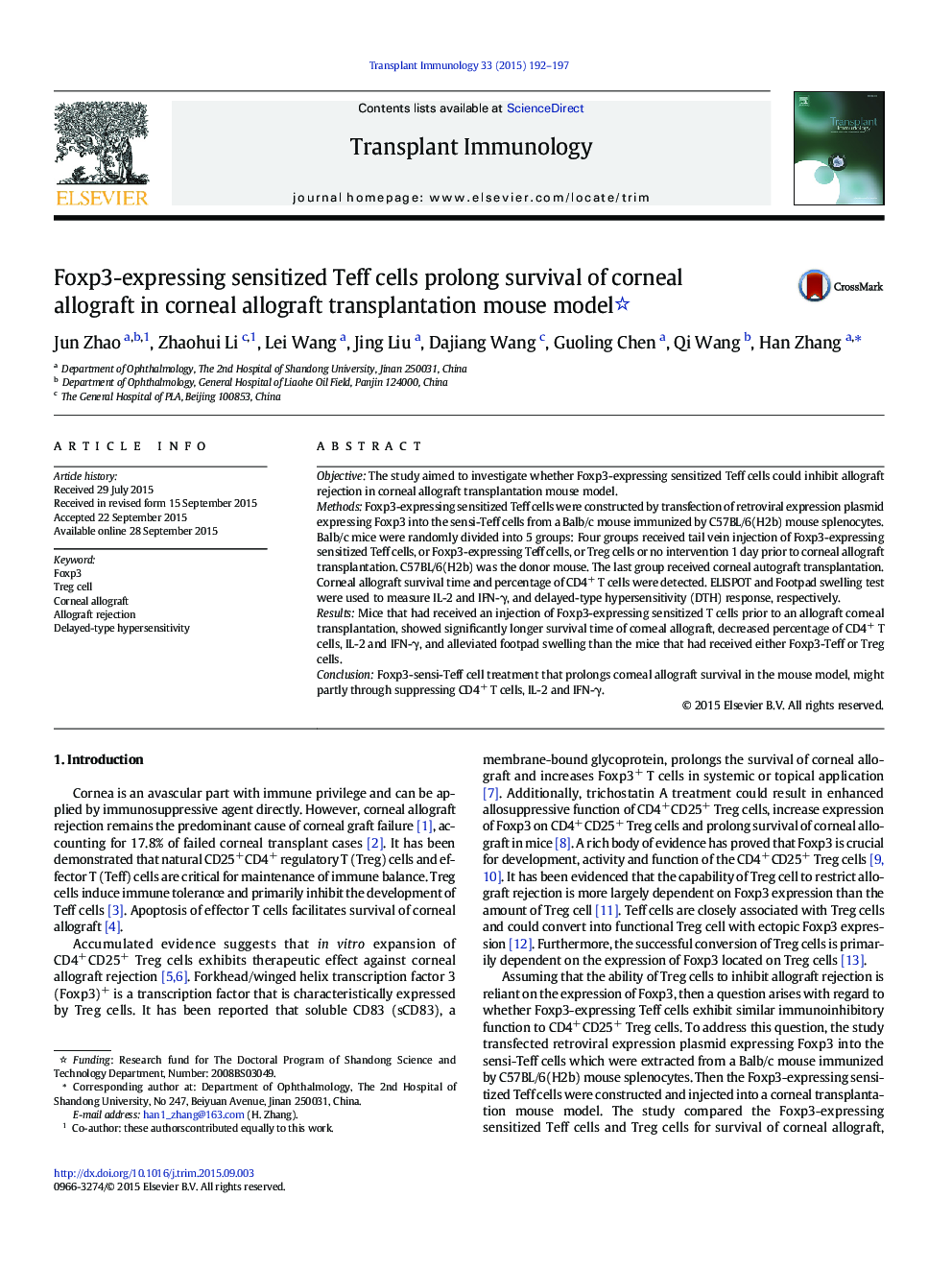 Foxp3-expressing sensitized Teff cells prolong survival of corneal allograft in corneal allograft transplantation mouse model 