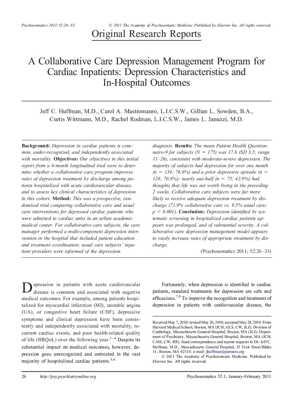 A Collaborative Care Depression Management Program for Cardiac Inpatients: Depression Characteristics and In-Hospital Outcomes