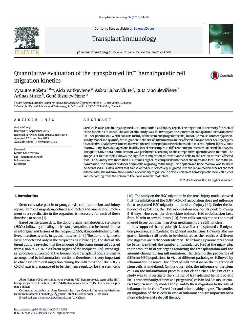 Quantitative evaluation of the transplanted lin− hematopoietic cell migration kinetics