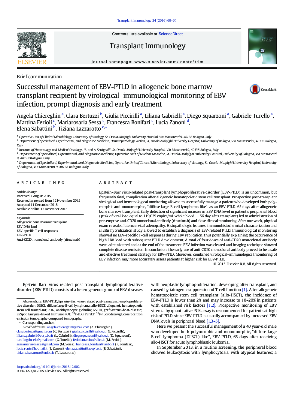Successful management of EBV-PTLD in allogeneic bone marrow transplant recipient by virological–immunological monitoring of EBV infection, prompt diagnosis and early treatment