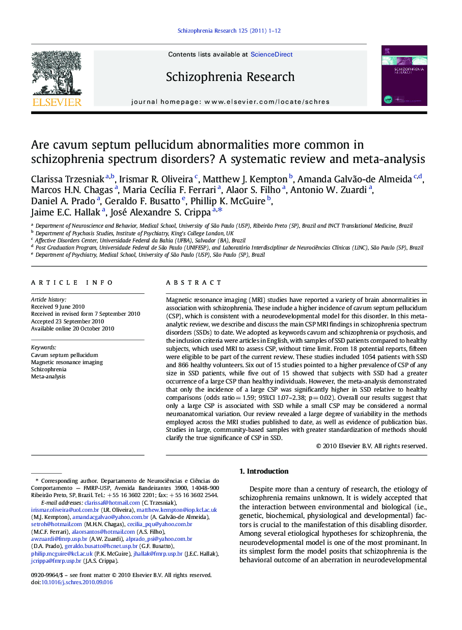 Are cavum septum pellucidum abnormalities more common in schizophrenia spectrum disorders? A systematic review and meta-analysis