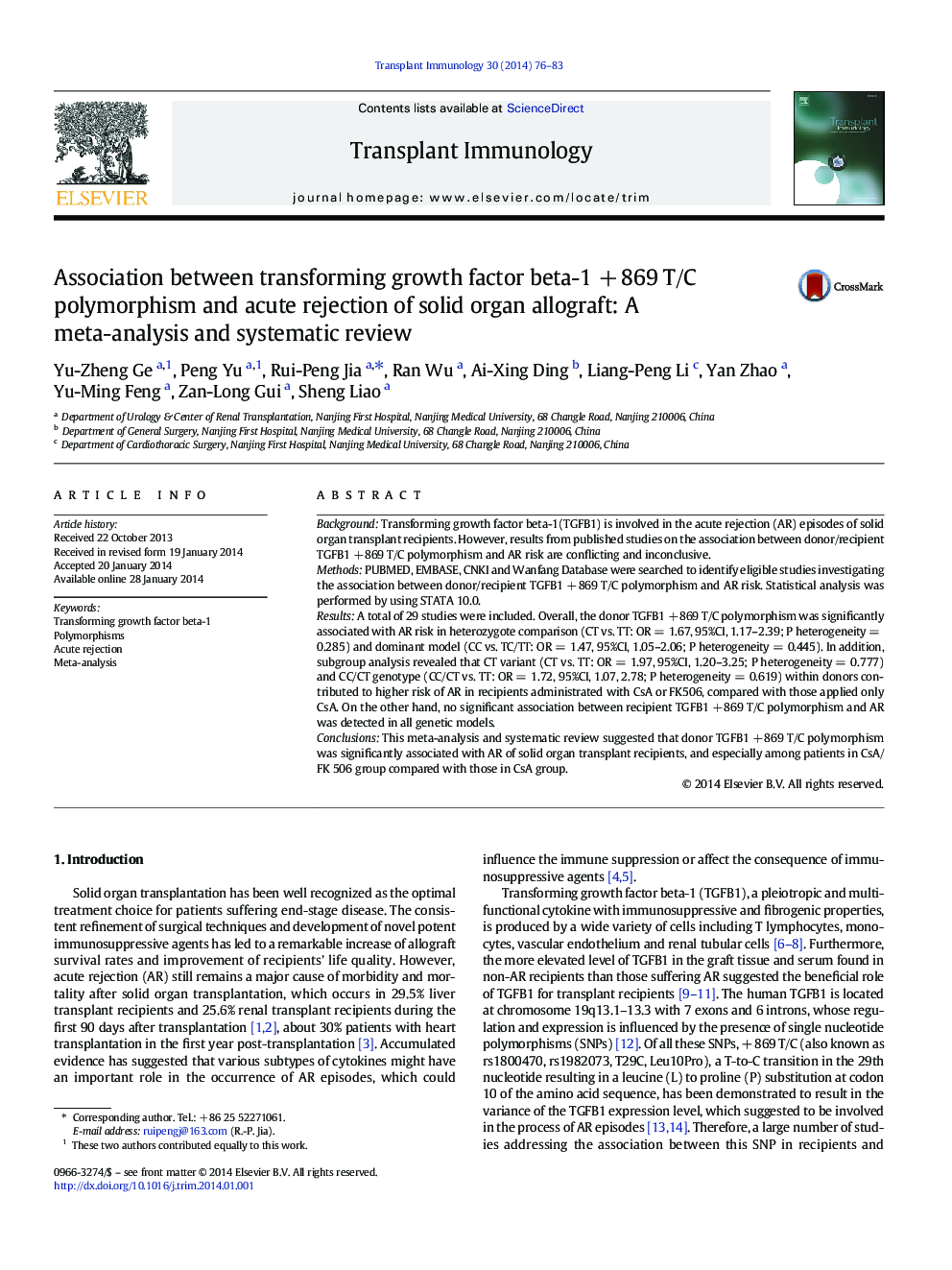 Association between transforming growth factor beta-1 + 869 T/C polymorphism and acute rejection of solid organ allograft: A meta-analysis and systematic review