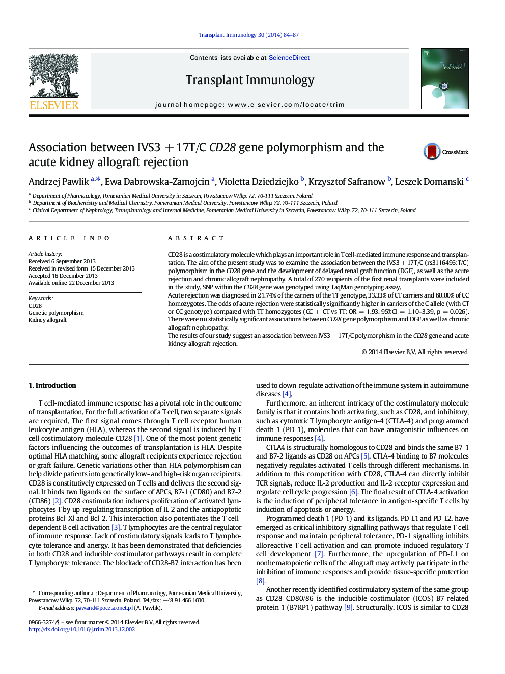 Association between IVS3 + 17T/C CD28 gene polymorphism and the acute kidney allograft rejection