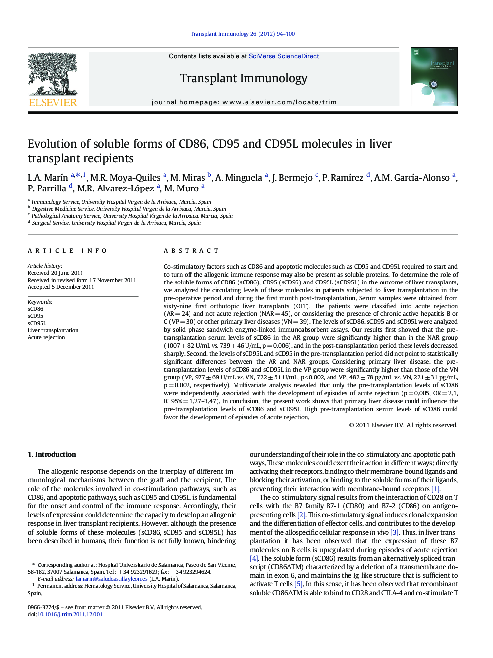 Evolution of soluble forms of CD86, CD95 and CD95L molecules in liver transplant recipients