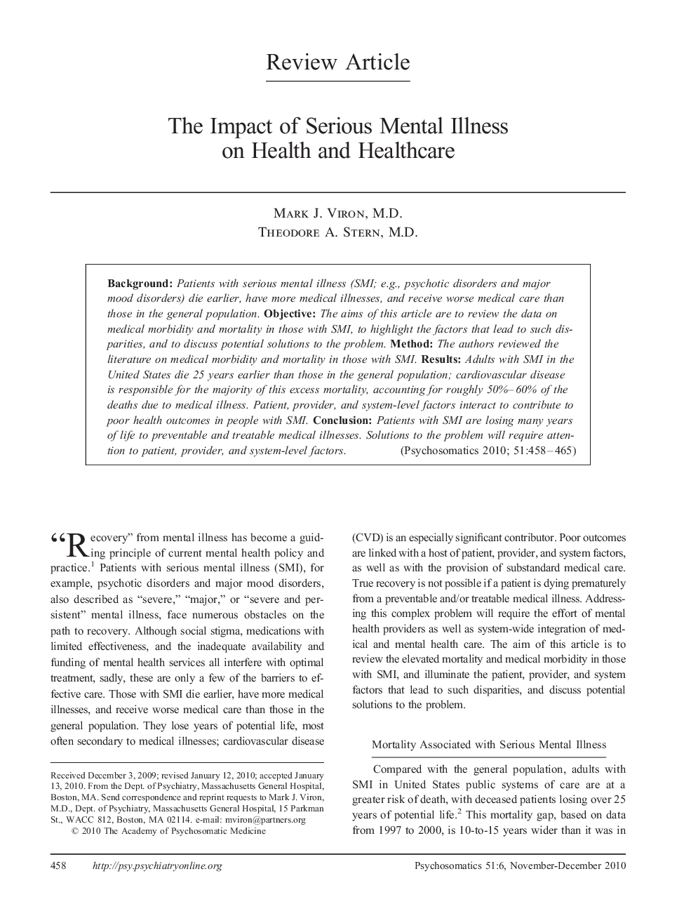 The Impact of Serious Mental Illness on Health and Healthcare
