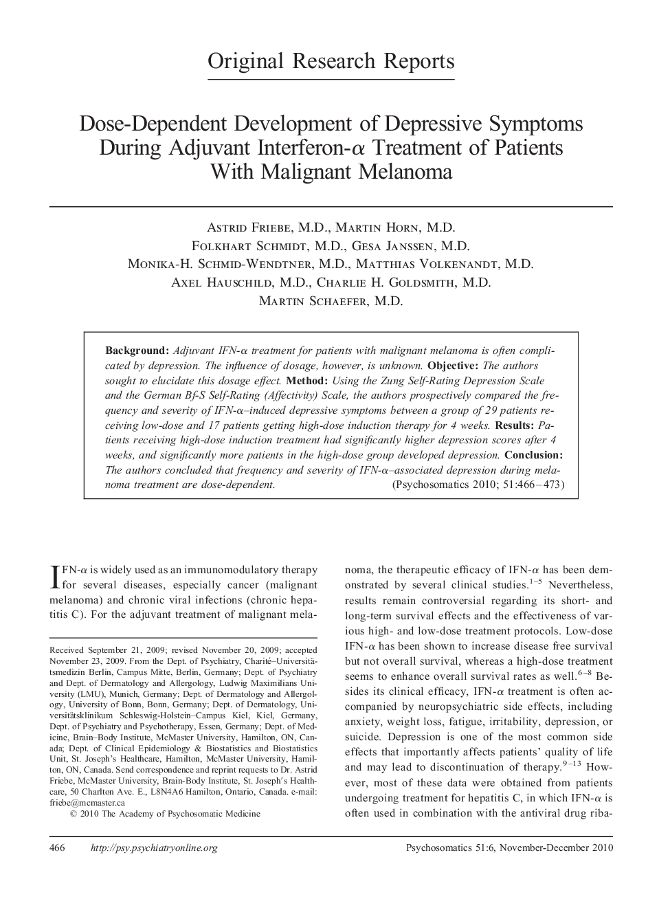 Dose-Dependent Development of Depressive Symptoms During Adjuvant Interferon-α Treatment of Patients With Malignant Melanoma